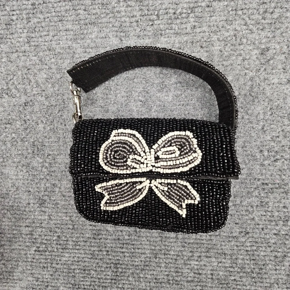 Kelly & Katie Women Beaded Mini Bag Bow Design Boho Crescent Satchel Black Small